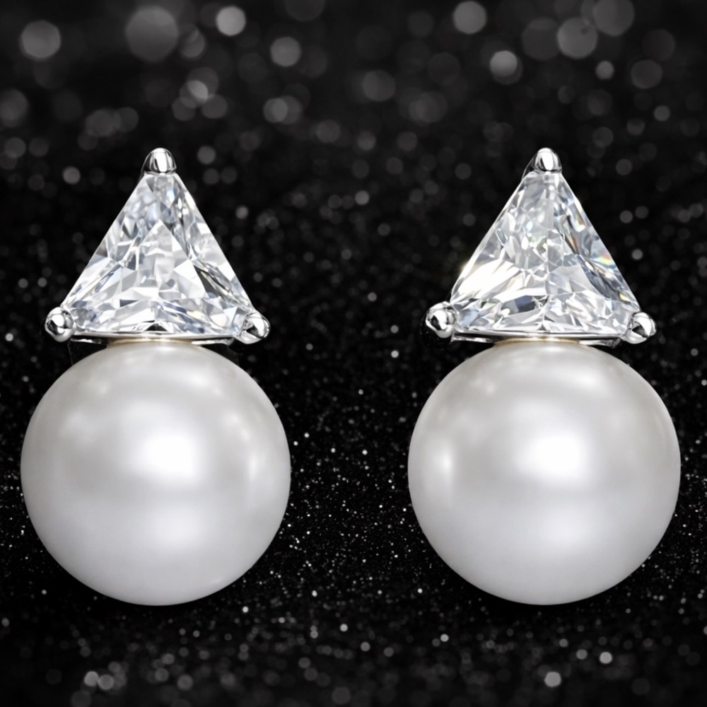 Trilliant Cut Trillion Cz Diamond Pearl Dangle Drop Stud statement Earrings HSN